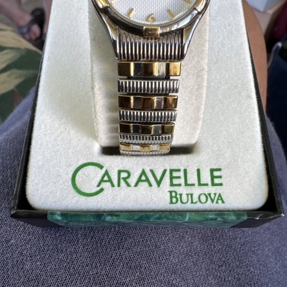 CARAVELLE by‎ BULOVA Womens Two Tone Watch, Stretch Band, White Dial w/ Date New